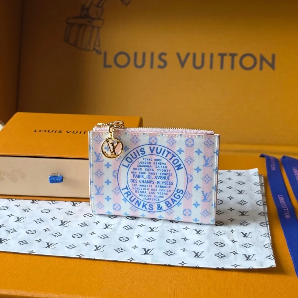 Louis Vuitton Pink and Pastel Blue Monogram Zip Card Pouch with Gold LV Charm